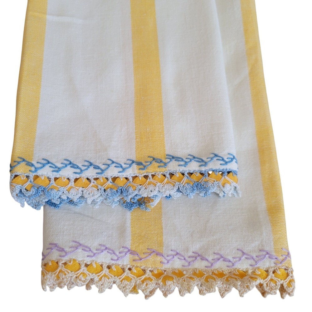 Cannon Kitchen Dish Towels (2) Striped Cotton Contrast Embroidered Lace Vintage